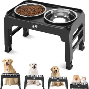 Adjustable Raised Dog Bowls with 2 Stainless Steel 50 oz Bowls 4 Heights from 3 to 12.36 Inches Black