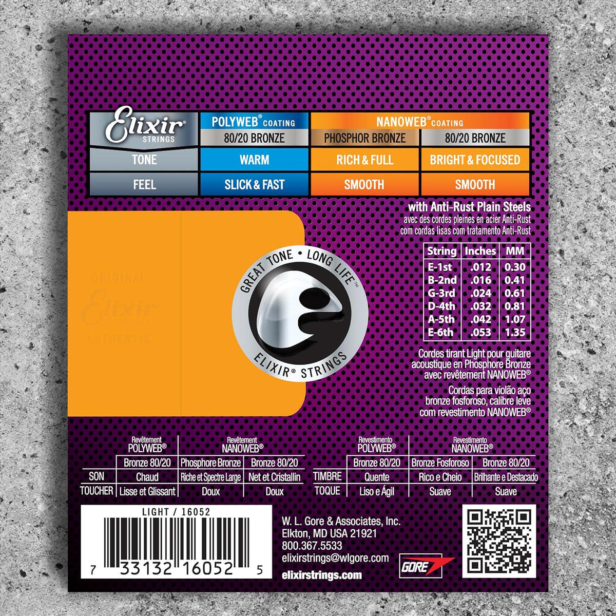 Elixir Strings, Acoustic Guitar Strings, Phosphor Bronze With NANOWEB Coating, Longest-Lasting Rich And Full Tone With Comfortable Feel, 6 String Set, Light 12-53,