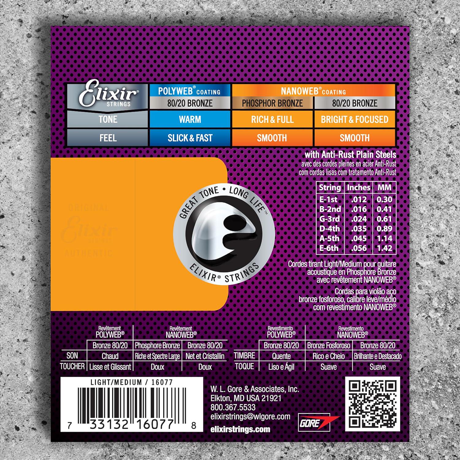 Elixir Strings, Acoustic Guitar Strings, Phosphor Bronze With NANOWEB Coating, Longest-Lasting Rich And Full Tone With Comfortable Feel, 6 String Set, Light/Medium 12-56,