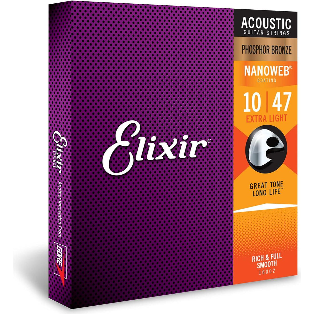 Elixir Strings, Acoustic Guitar Strings, Phosphor Bronze With NANOWEB Coating, Longest-Lasting Rich And Full Tone With Comfortable Feel, 6 String Set, Extra Light 10-47,