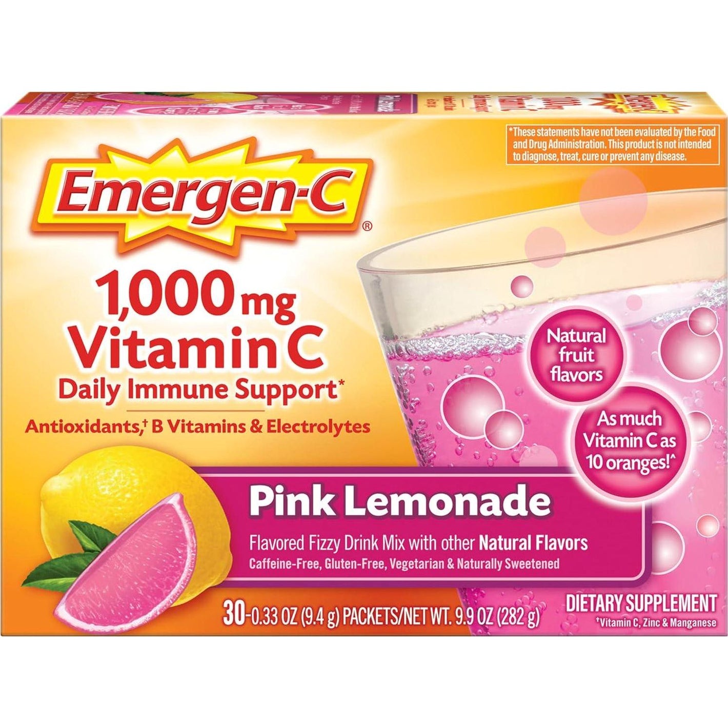 Emergen-C Emergen-C 1000mg Vitamin C Powder, With Antioxidants, B Vitamins And Electrolytes, Immunity Supplements For Immune Support, Caffeine Free Fizzy Drink Mix, Pink Lemonade Flavor - 30 Count