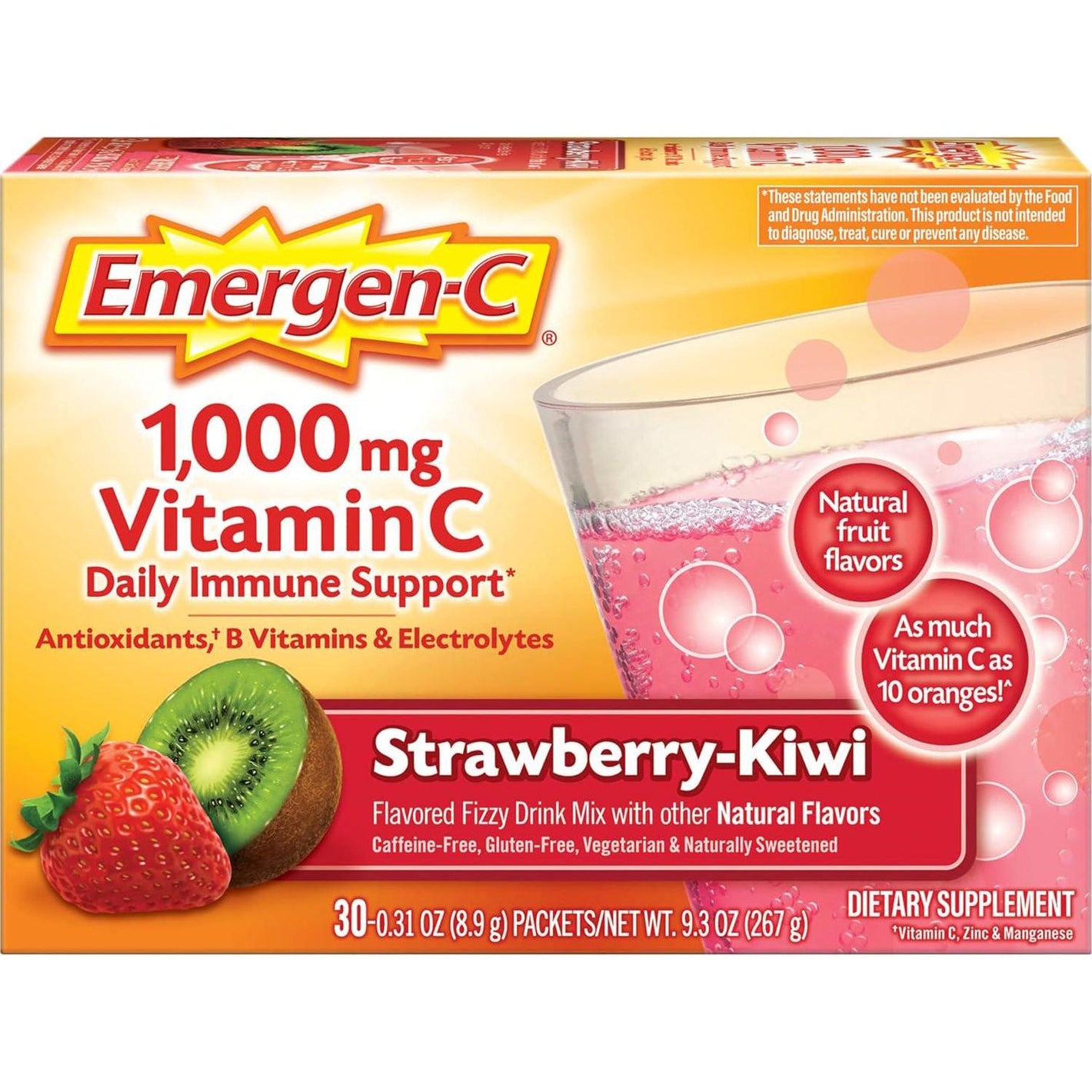 Emergen-C Emergen-C 1000mg Vitamin C Powder, With Antioxidants, B Vitamins And Electrolytes, Vitamin C Supplements For Immune Support, Caffeine Free Fizzy Drink Mix, Strawberry Kiwi Flavor - 30 Count