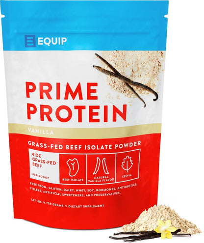 Equip Foods Prime Protein Powder, Clean Grass-Fed Beef Protein Isolate, Vanilla Flavor, Carnivore & Paleo-Friendly, 30 Servings