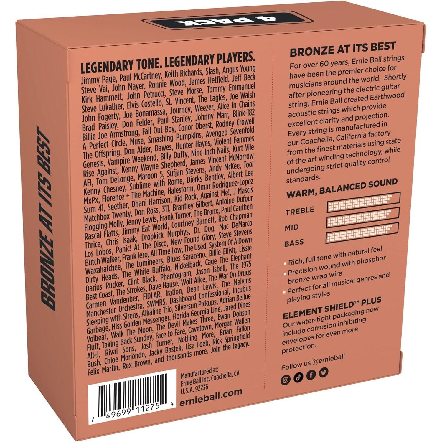 Ernie Ball Earthwood Medium Light Phosphor Bronze Acoustic Guitar Strings 4 Pack - 12-54 Gauge (P02446),