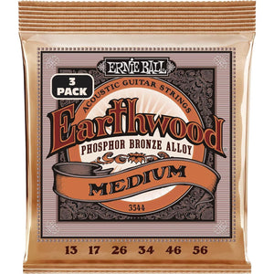Ernie Ball Earthwood Medium Phosphor Bronze Acoustic Guitar Strings 3-pack, 13-56 Gauge (P03544),