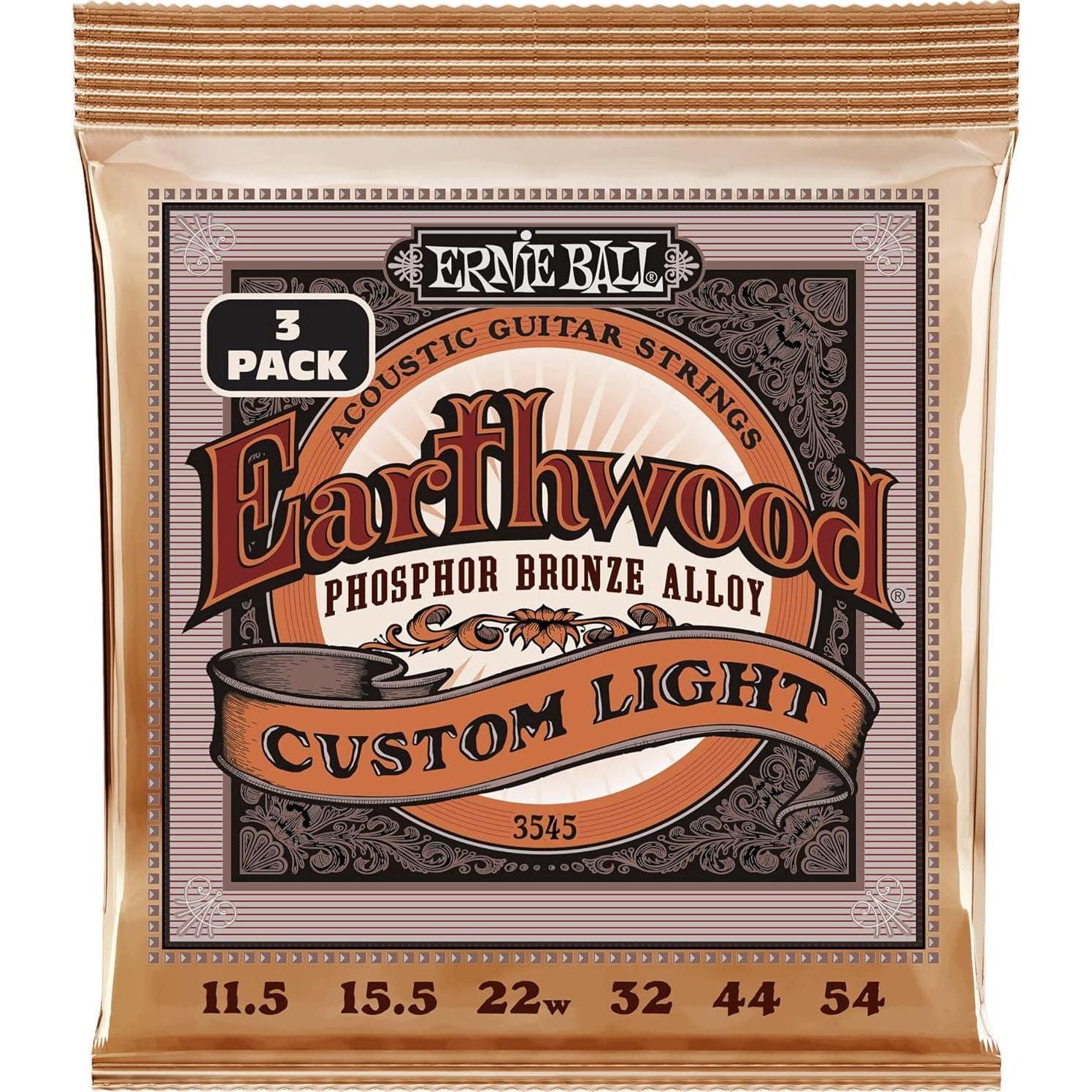 Ernie Ball Earthwood Custom Light Phosphor Bronze Acoustic Guitar Strings, 3-Pack, 11.5-54 Gauge (P03545),