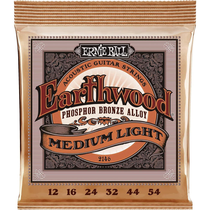 Ernie Ball Earthwood Medium Light Phosphor Bronze Acoustic Guitar Strings, 12-54 Gauge, P02146