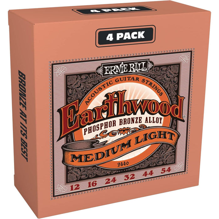 Ernie Ball Earthwood Medium-Light Phosphor Bronze Acoustic Guitar Strings, 12-54 Gauge, 4-Pack