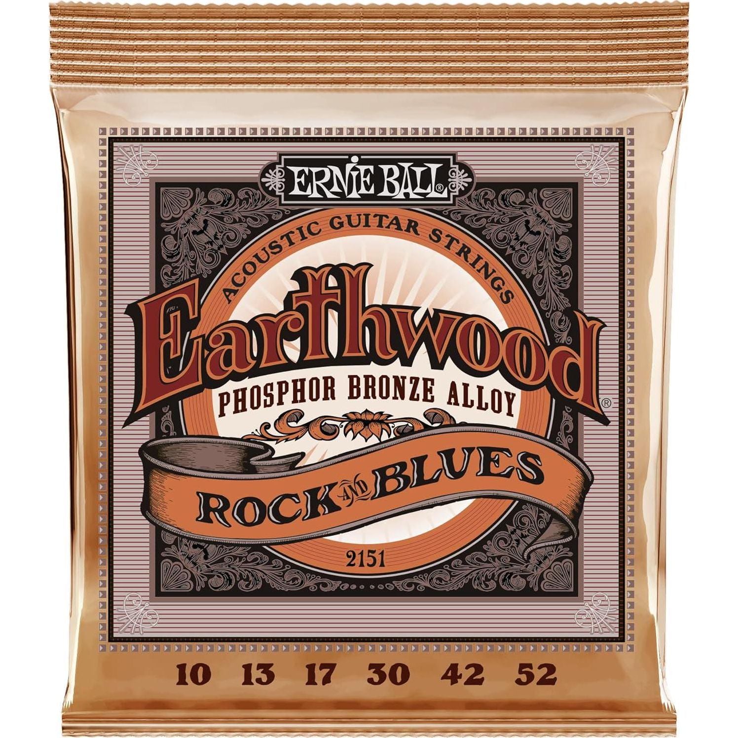 Ernie Ball Earthwood Rock And Blues Phosphor Bronze Acoustic Guitar Strings, 10-52 Gauge (P02151),