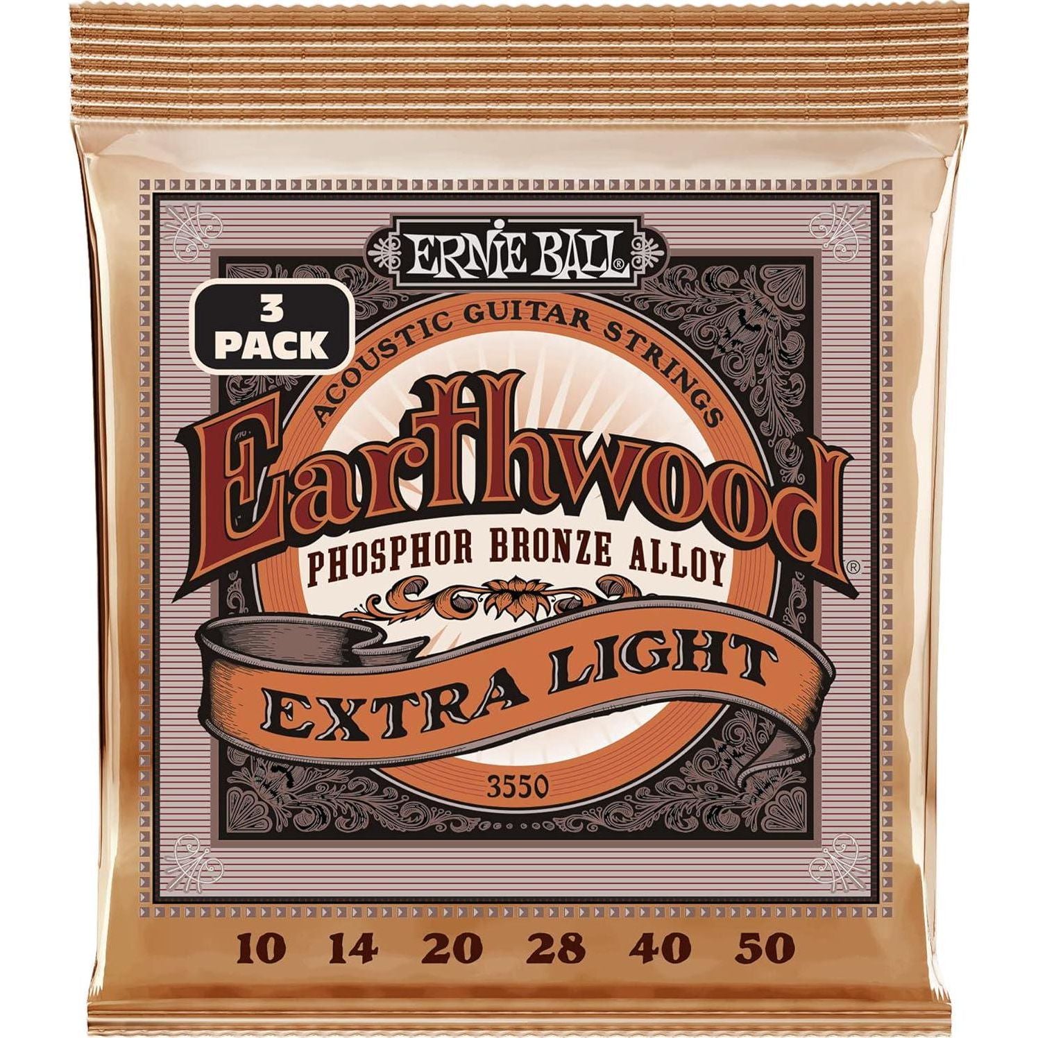 Ernie Ball Earthwood Extra Light Phosphor Bronze Acoustic Guitar Strings 3-pack, 10-50 Gauge (P03550),