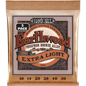 Ernie Ball Earthwood Extra Light Phosphor Bronze Acoustic Guitar Strings 3-pack, 10-50 Gauge (P03550),