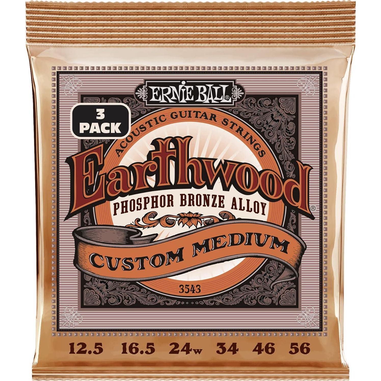 Ernie Ball Earthwood Custom Medium Phosphor Bronze Acoustic Guitar Strings, 3-Pack, 12.5-56 Gauge (P03543),
