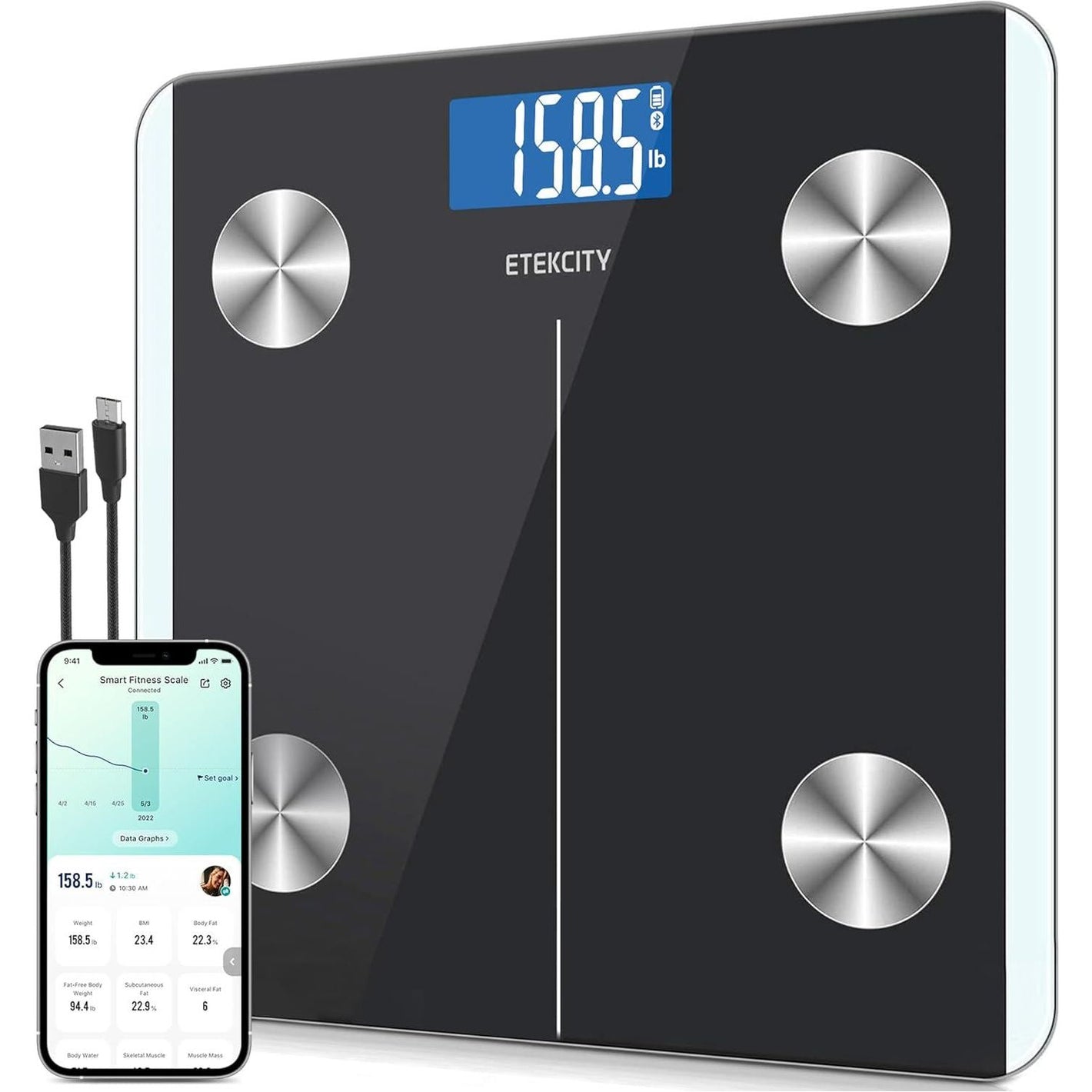 Etekcity Etekcity Smart Rechargeable Body Fat Scale, Digital Bathroom Scale For Body Weight And Muscle, Accurate Weighing Machine For People Sync With Smartphone App, 400lb, Black