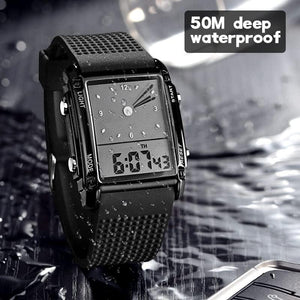 Fanmis Men's LED Sports Watch, 1 Pc, Rectangle Dial, Rubber Strap, Stopwatch, Alarm, Backlight, 7 Color Options