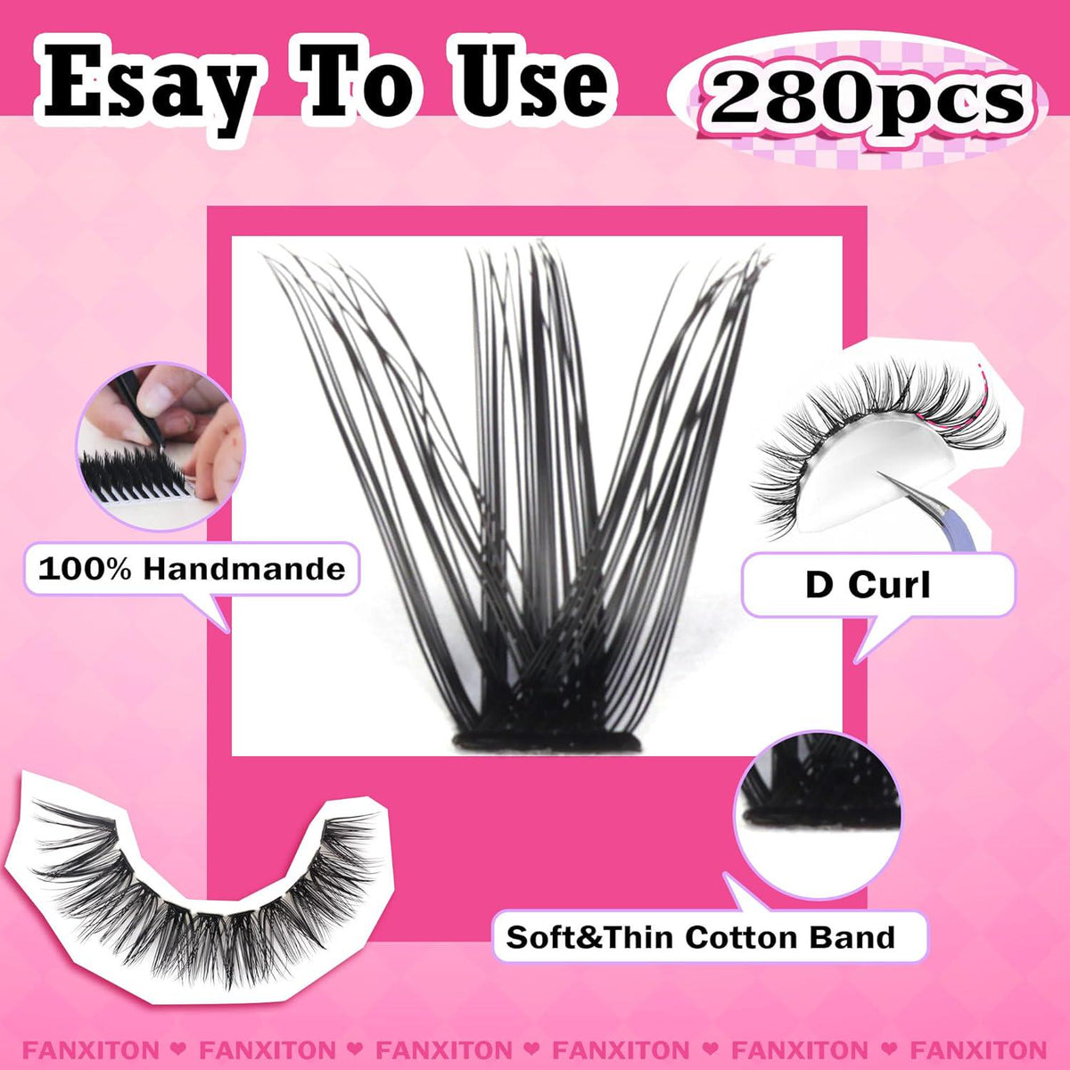 FANXITON FANXITON DIY Lash Extension Kit - Volume Clusters 40D+50D D Curl Individual Lashes, Thick Eyelash Extension 280 Pcs, Thin Band, Bond And Seal, Tweezers