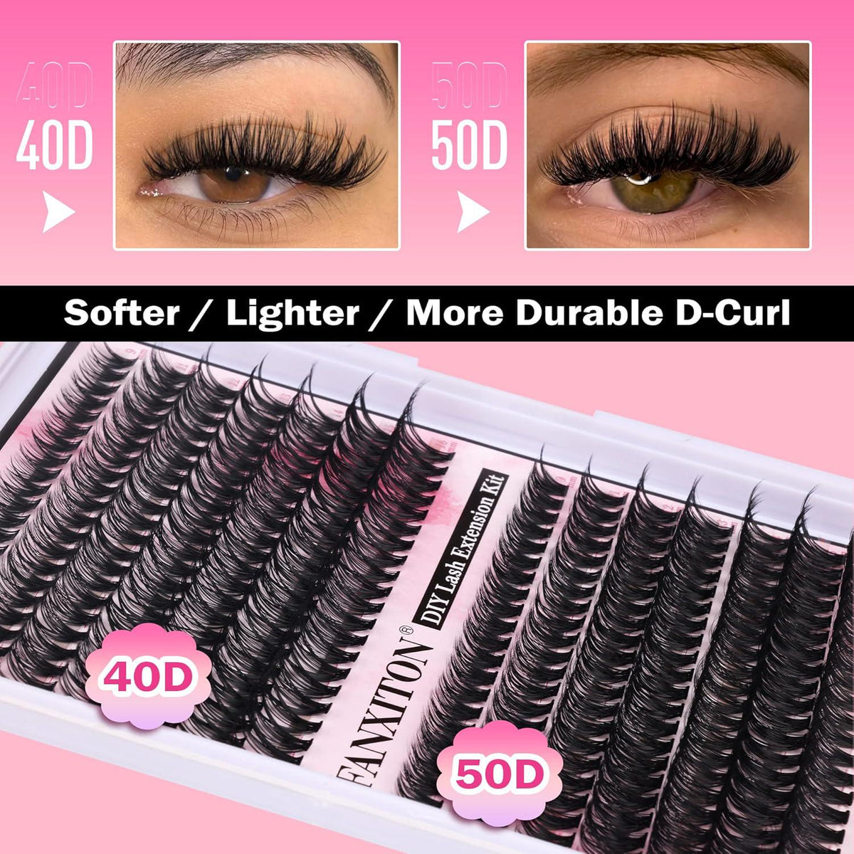 FANXITON FANXITON DIY Lash Extension Kit - Volume Clusters 40D+50D D Curl Individual Lashes, Thick Eyelash Extension 280 Pcs, Thin Band, Bond And Seal, Tweezers