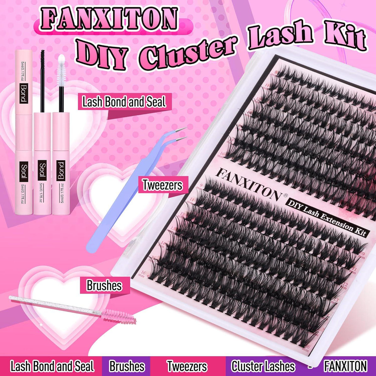 FANXITON FANXITON DIY Lash Extension Kit - Volume Clusters 40D+50D D Curl Individual Lashes, Thick Eyelash Extension 280 Pcs, Thin Band, Bond And Seal, Tweezers