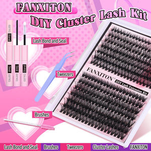FANXITON FANXITON DIY Lash Extension Kit - Volume Clusters 40D+50D D Curl Individual Lashes, Thick Eyelash Extension 280 Pcs, Thin Band, Bond And Seal, Tweezers