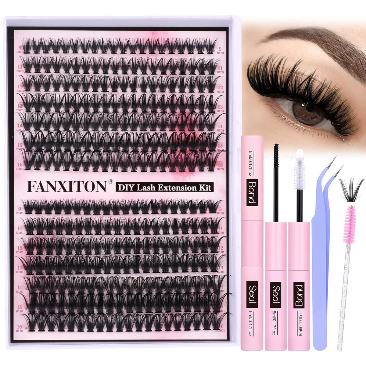 FANXITON FANXITON DIY Lash Extension Kit - Volume Clusters 40D+50D D Curl Individual Lashes, Thick Eyelash Extension 280 Pcs, Thin Band, Bond And Seal, Tweezers