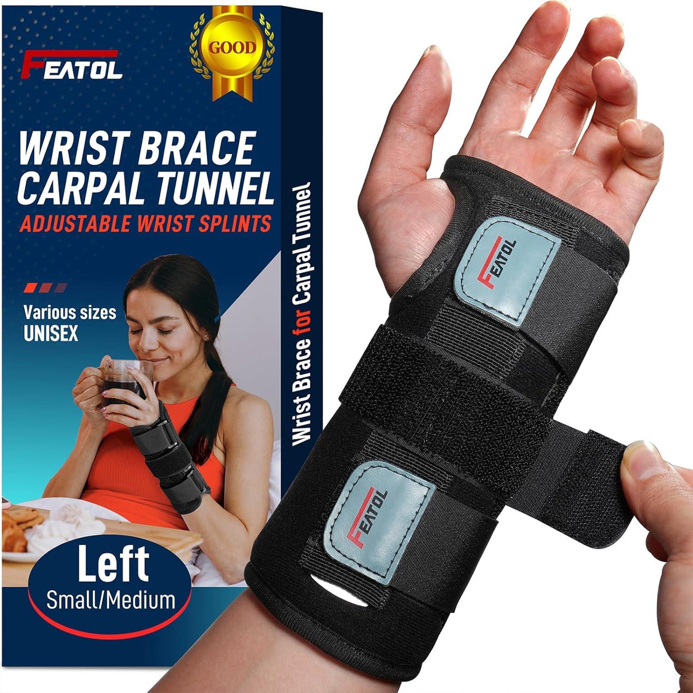 Featol Wrist Brace for Carpal Tunnel, Adjustable Support with Splints, Small/Medium, Compression Hand Support for Injuries, Tendonitis, Arthritis, Sprains