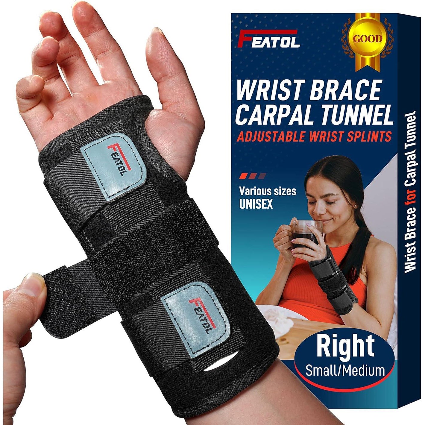 FEATOL FEATOL Wrist Brace For Carpal Tunnel, Adjustable Night Wrist Support Brace With Splints Right Hand, Small/Medium, Hand Support For Arthritis, Tendonitis, Sprain, Injuries, Wrist Pain