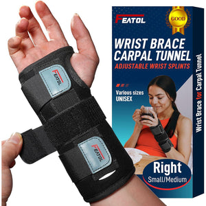FEATOL FEATOL Wrist Brace For Carpal Tunnel, Adjustable Night Wrist Support Brace With Splints Right Hand, Small/Medium, Hand Support For Arthritis, Tendonitis, Sprain, Injuries, Wrist Pain