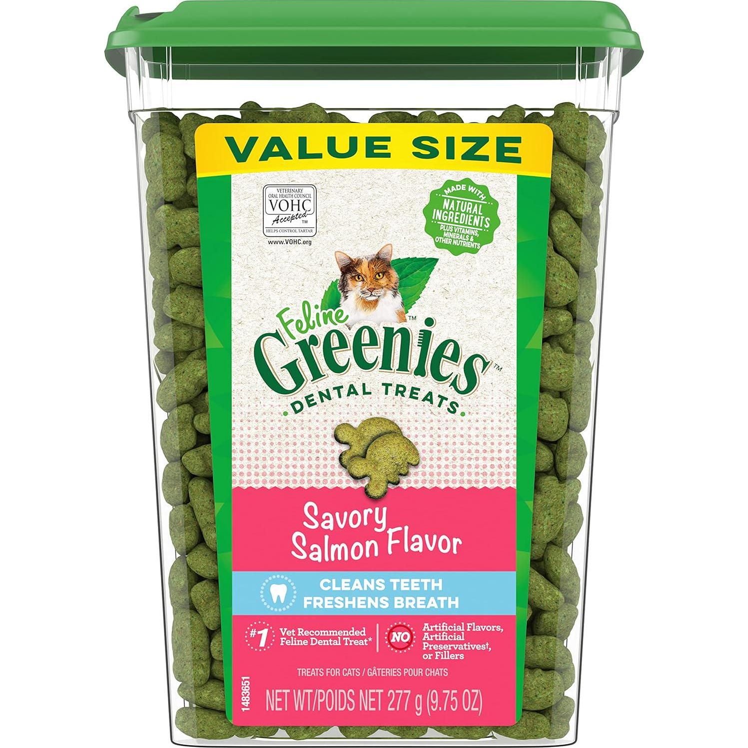 FELINE GREENIES Adult Dental Cat Treats, Savory Salmon Flavor, 9.75 Oz. Tub,