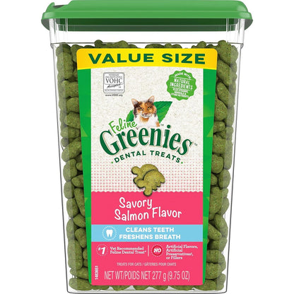 FELINE GREENIES Adult Dental Cat Treats, Savory Salmon Flavor, 9.75 Oz. Tub,