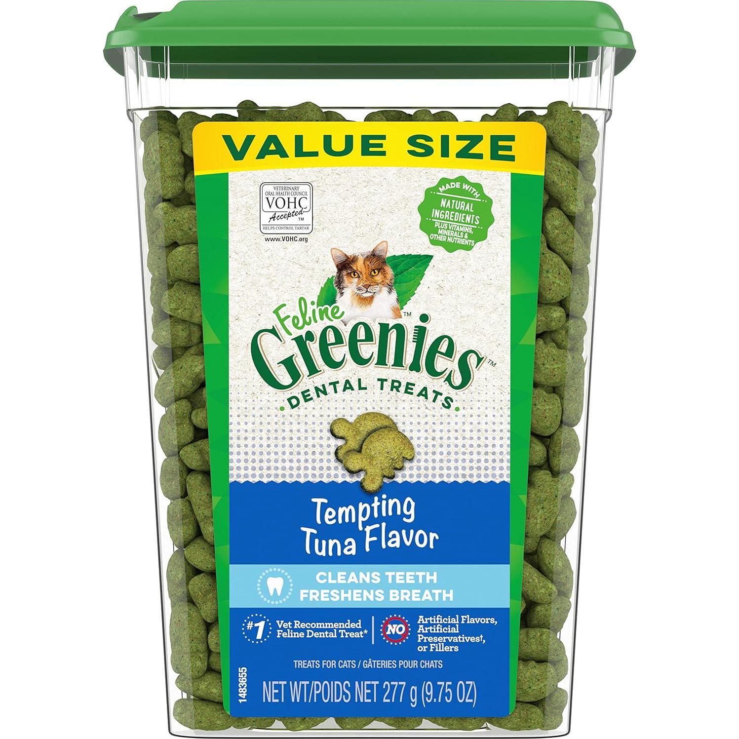 FELINE GREENIES Adult Dental Cat Treats, Tempting Tuna Flavor, 9.75 Oz. Tub,