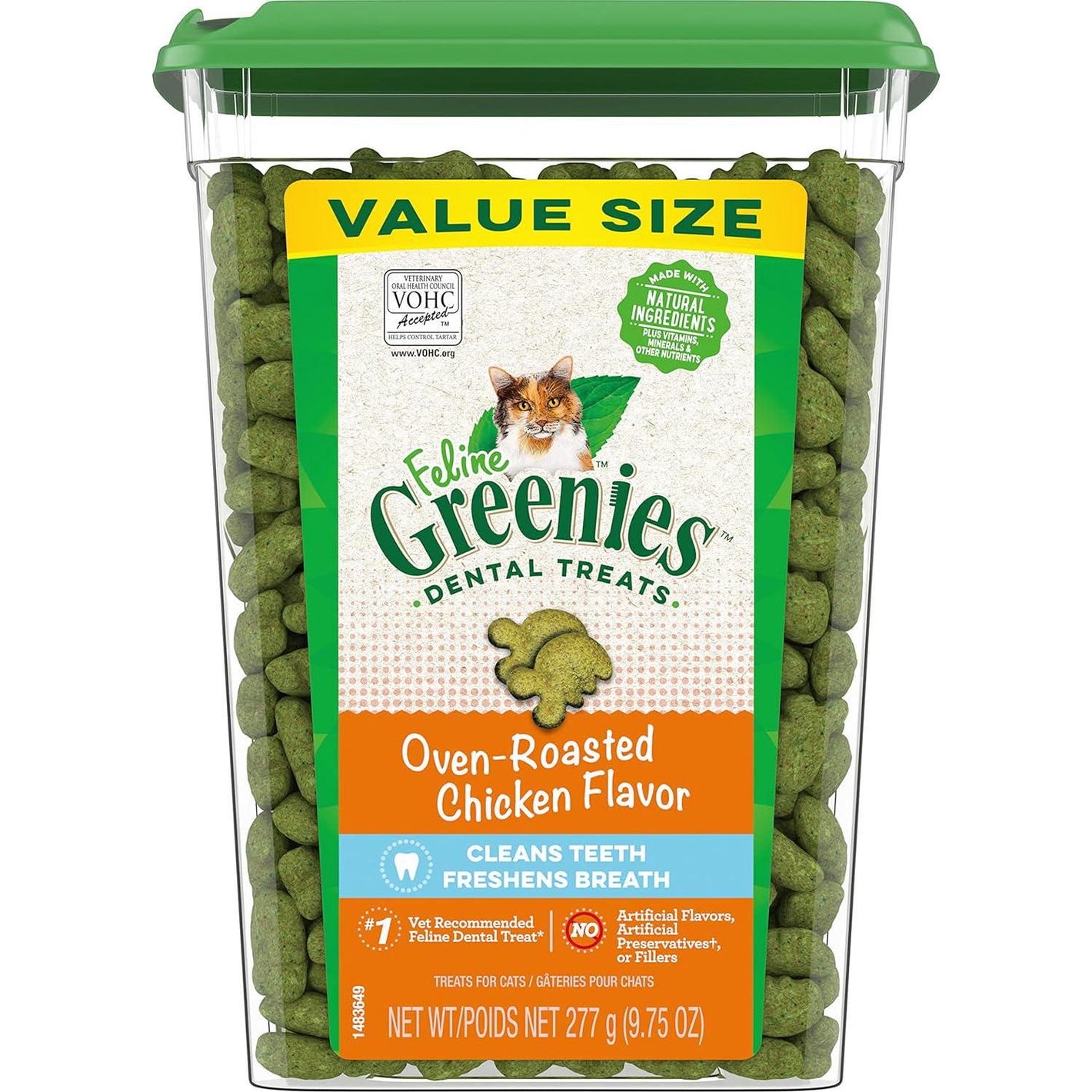 FELINE GREENIES Adult Dental Cat Treats, Oven Roasted Chicken Flavor, 9.75 Oz. Tub,