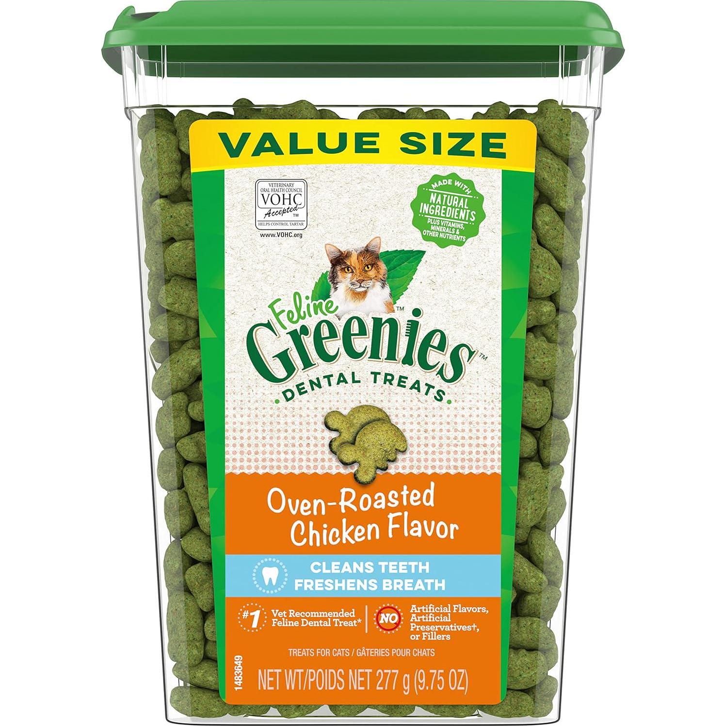 FELINE GREENIES Adult Dental Cat Treats, Oven Roasted Chicken Flavor, 9.75 Oz. Tub,