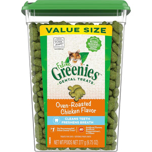 FELINE GREENIES Adult Dental Cat Treats, Oven Roasted Chicken Flavor, 9.75 Oz. Tub,