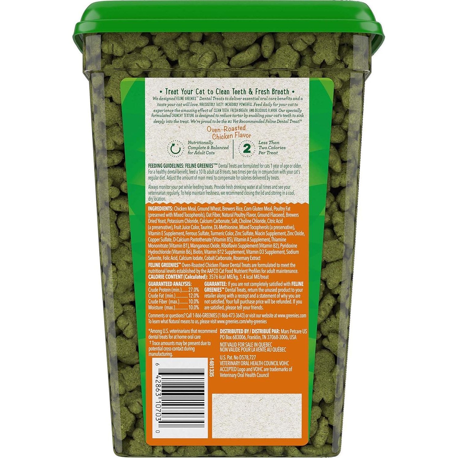 FELINE GREENIES Natural Dental Care Cat Treats Oven Roasted Chicken Flavor, 21 Oz. Tub,
