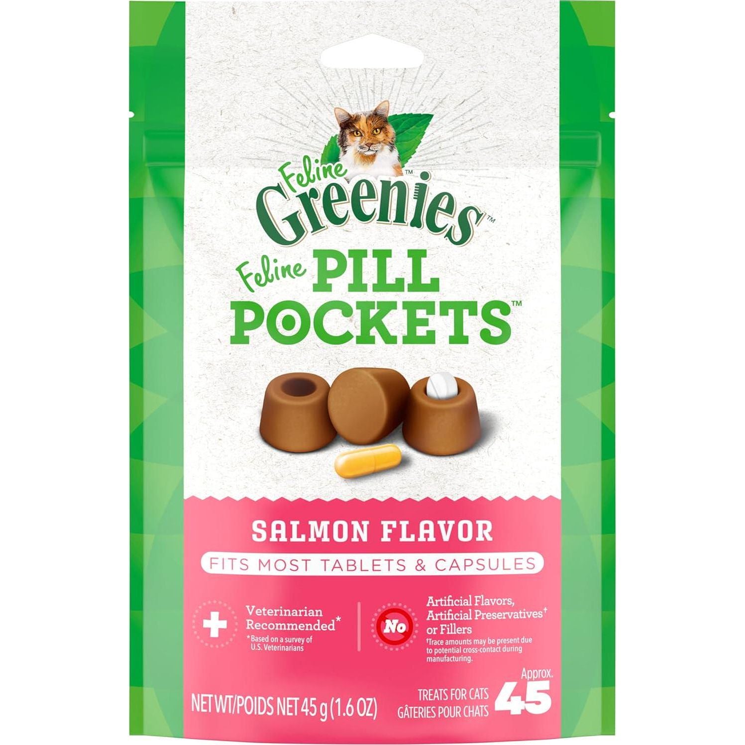 FELINE GREENIES PILL POCKETS For Cats Natural Soft Cat Treats, Salmon Flavor, 1.6 Oz. Pack (45 Treats),