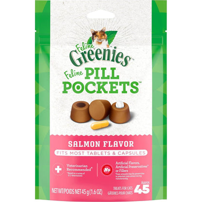 FELINE GREENIES PILL POCKETS For Cats Natural Soft Cat Treats, Salmon Flavor, 1.6 Oz. Pack (45 Treats),
