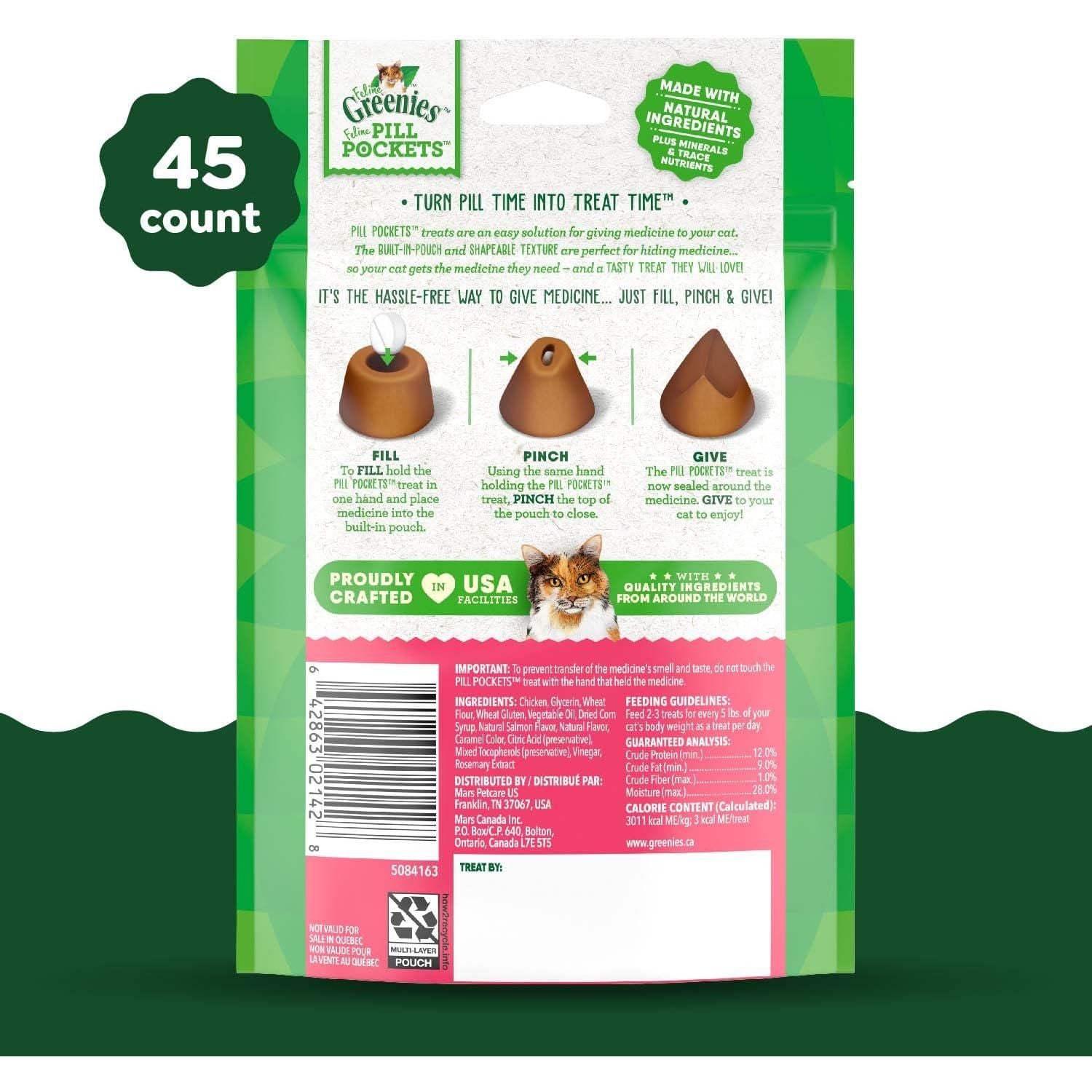 FELINE GREENIES PILL POCKETS For Cats Natural Soft Cat Treats, Salmon Flavor, 1.6 Oz. Pack (45 Treats),