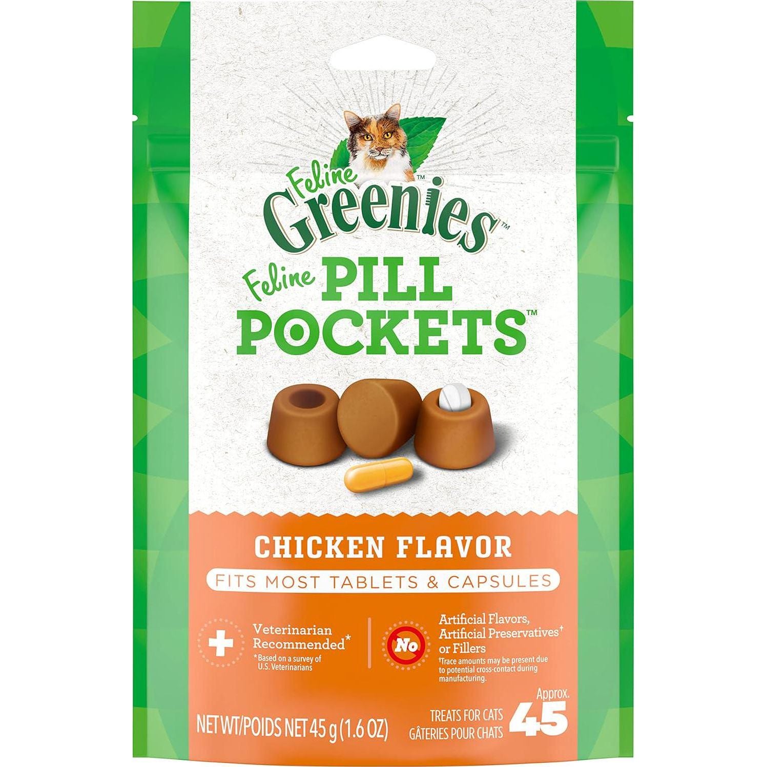 FELINE GREENIES PILL POCKETS For Cats Natural Soft Cat Treats, Chicken Flavor, 1.6 Oz. Pack (45 Treats),