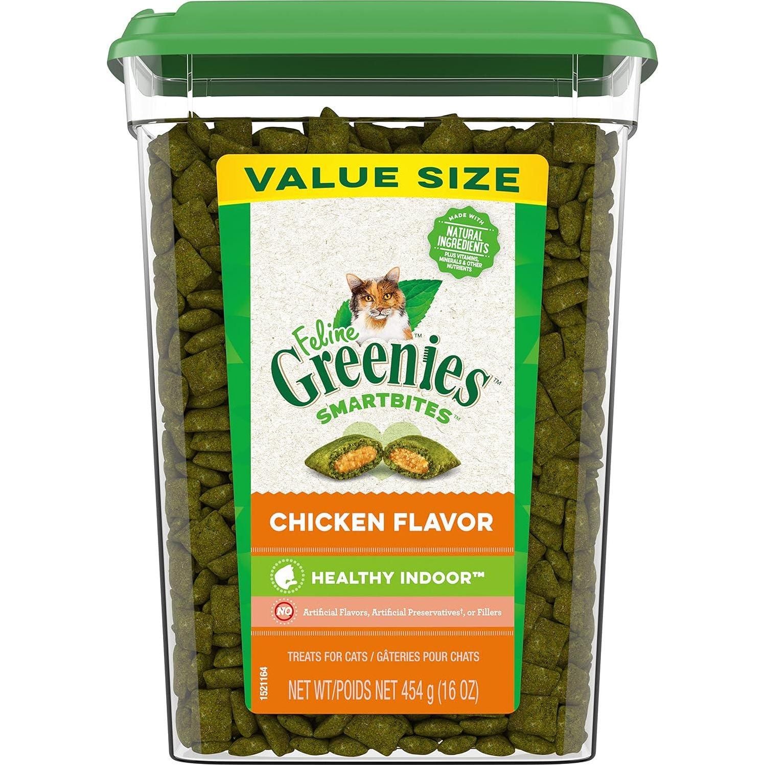 FELINE GREENIES SMARTBITES HEALTHY INDOOR Natural Treats For Cats, Chicken Flavor, 16 Oz. Tub,