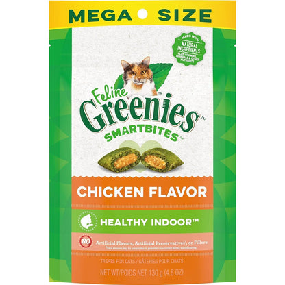 FELINE GREENIES SMARTBITES HEALTHY INDOOR Natural Treats For Cats, Chicken Flavor, 4.6 Oz. Pouch,