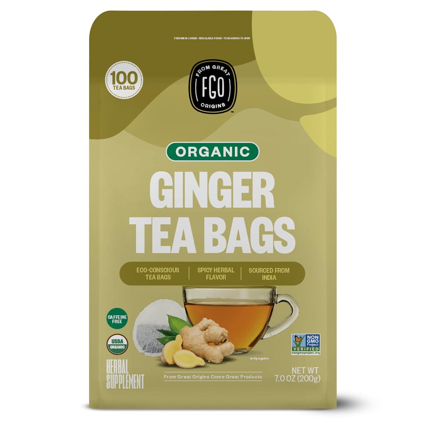 FGO Organic Ginger Tea, 100 Count, Eco-Conscious Tea Bags, Caffeine-Free, Packaging May Vary, Pack of 1