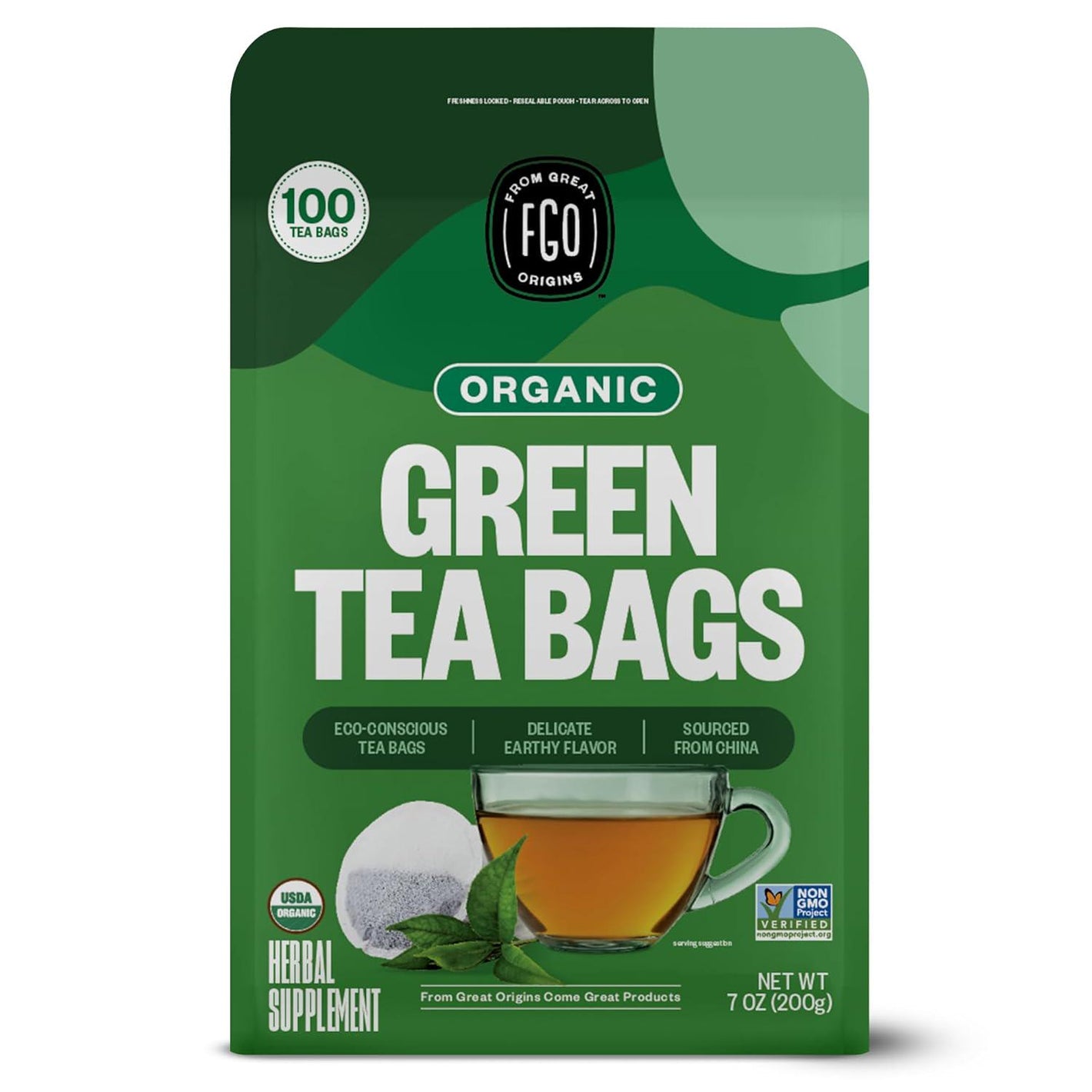 FGO FGO Organic Green Tea, 100 Count Eco-Conscious Tea Bags, Caffeinated, Resealable Pouch, Packaging May Vary (Pack Of 1)