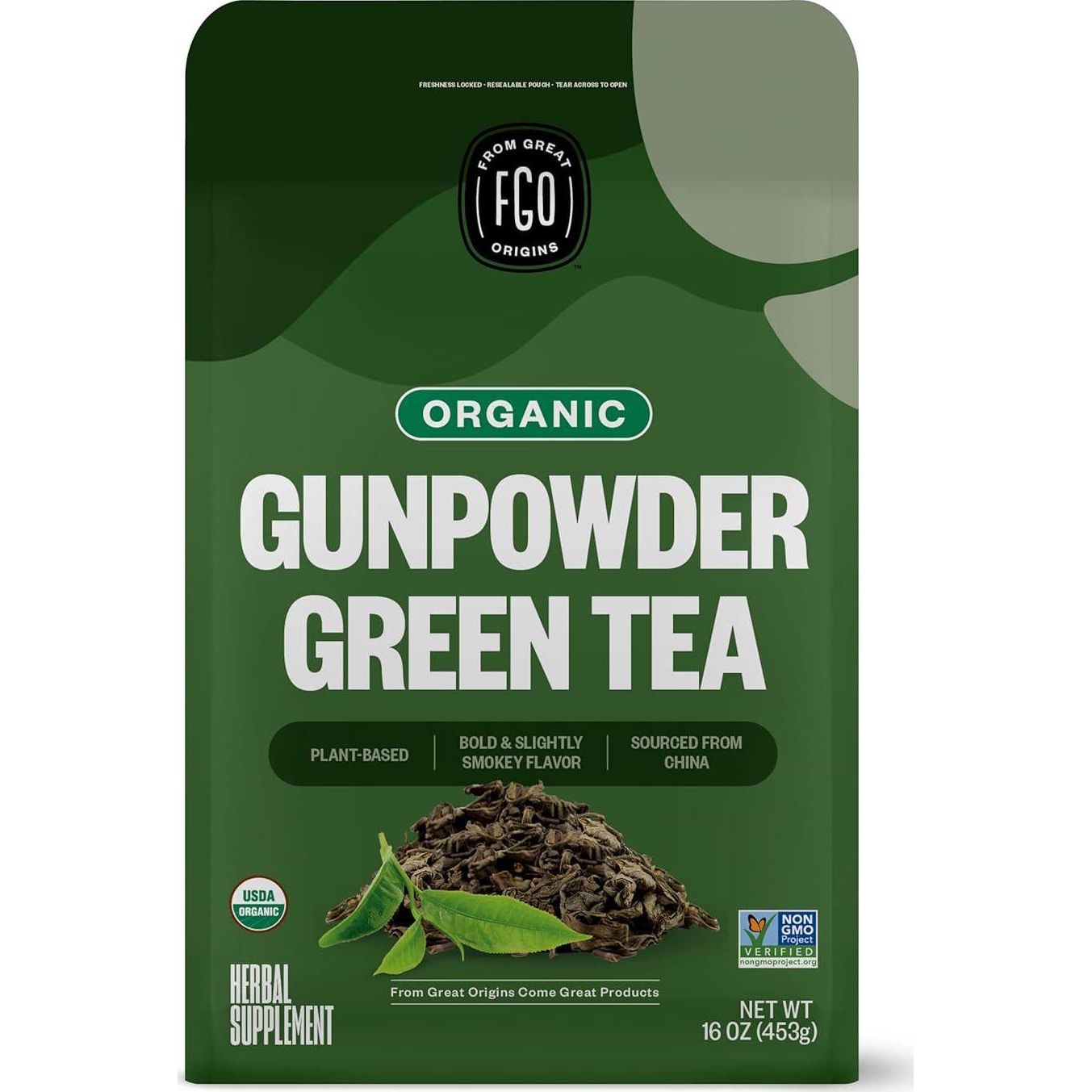 FGO FGO Organic Gunpowder Green Tea, Loose Leaf, 16oz Bulk Resealable Bag, Packaging May Vary (Pack Of 1)