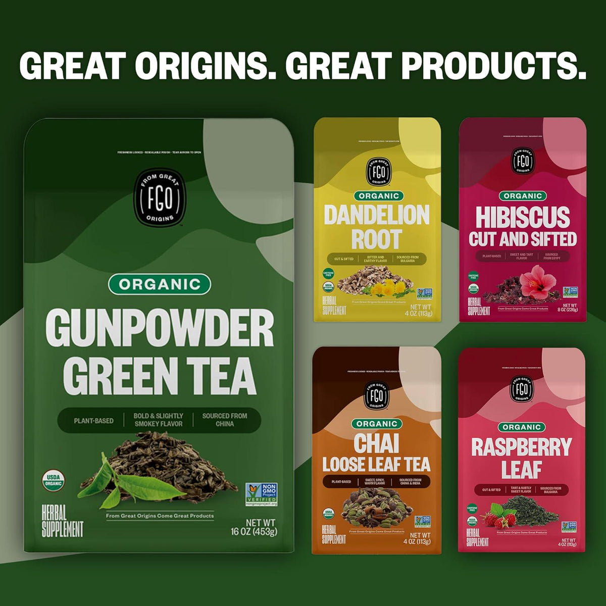 FGO FGO Organic Gunpowder Green Tea, Loose Leaf, 16oz Bulk Resealable Bag, Packaging May Vary (Pack Of 1)