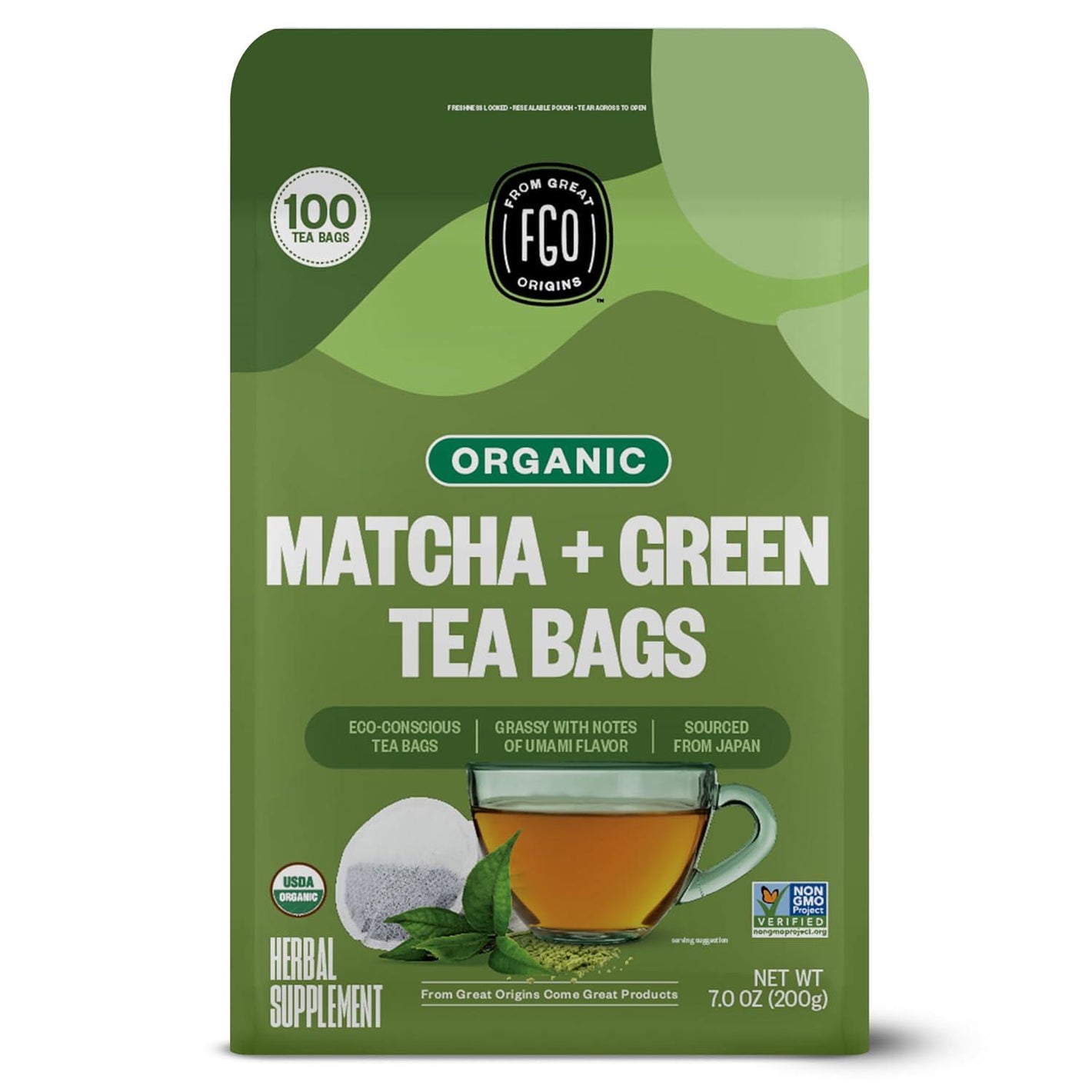 FGO Organic Japanese Matcha Green Tea, 100 Count Eco-Conscious Tea Bags, Resealable Bag (Packaging May Vary), Pack of 1