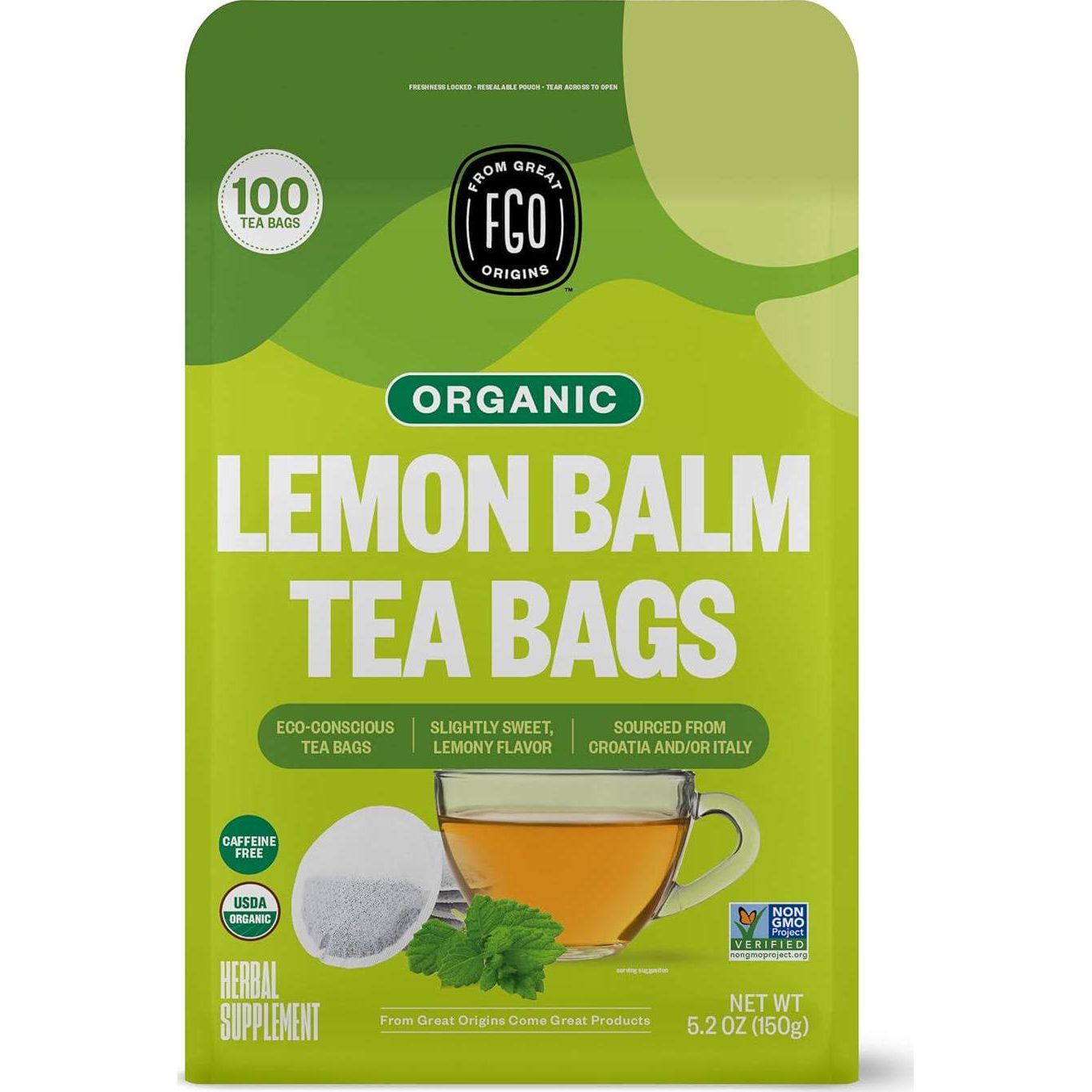 FGO Organic Lemon Balm Tea, 100 Count, Eco-Conscious Herbal Tea Bags, Caffeine-Free, Resealable Bag (Packaging May Vary)