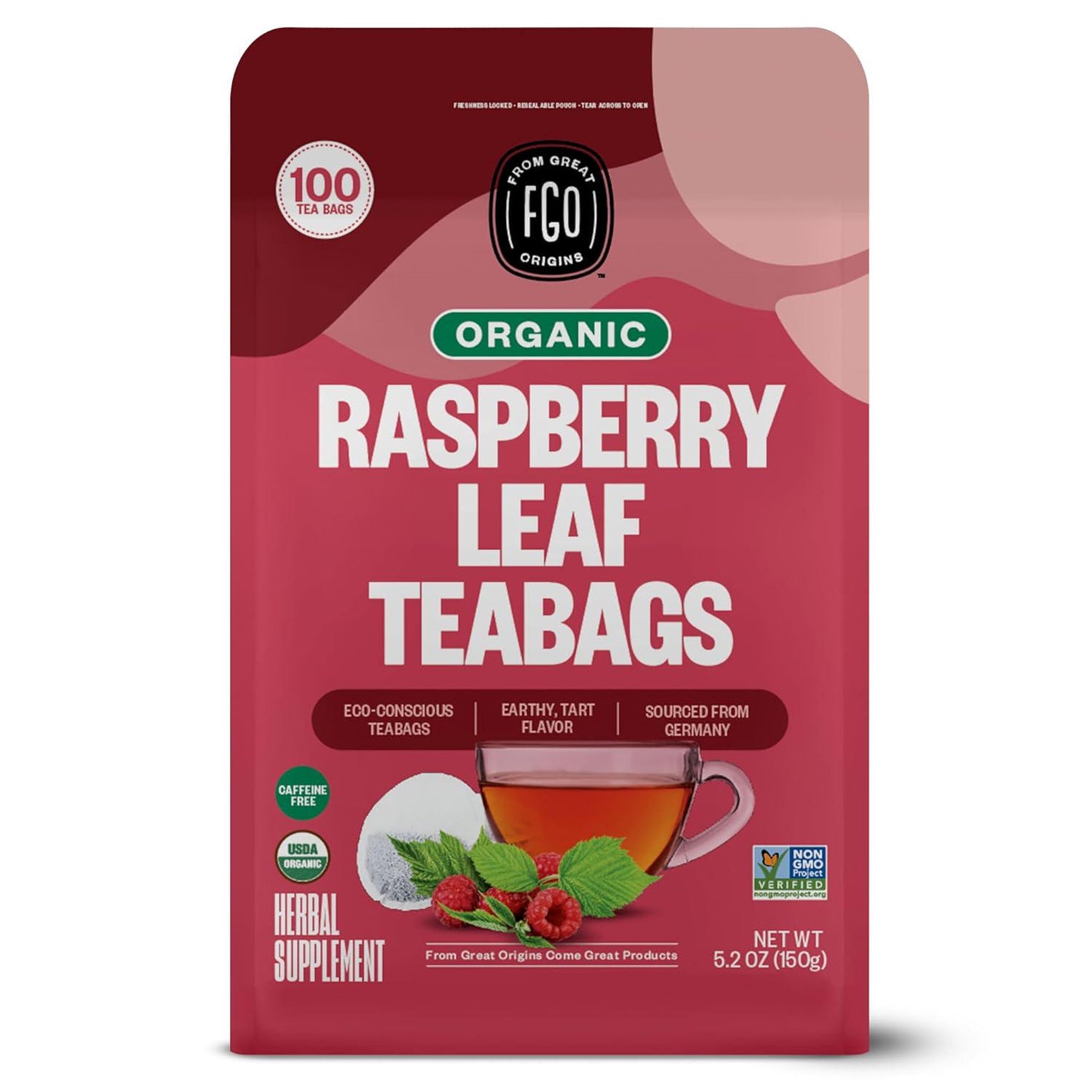 FGO FGO Organic Red Raspberry Leaf Tea Bags, 100 Eco-Conscious Tea Bags, Caffeine Free, Imported From Germany, Reseable Bag, Packaging May Vary (Pack Of 1)