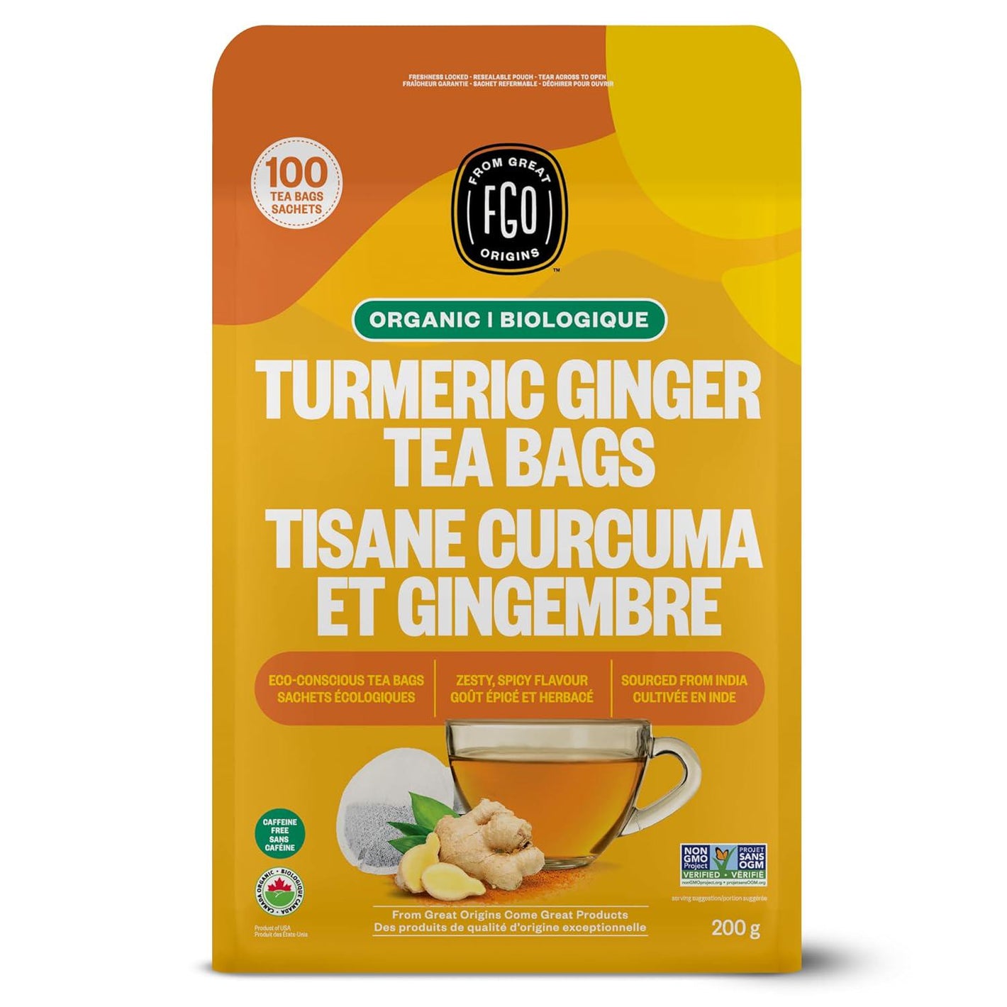 FGO Organic Turmeric Ginger Tea, Eco-Conscious Tea Bags, 100 Count (Packaging May Vary), Pack of 1