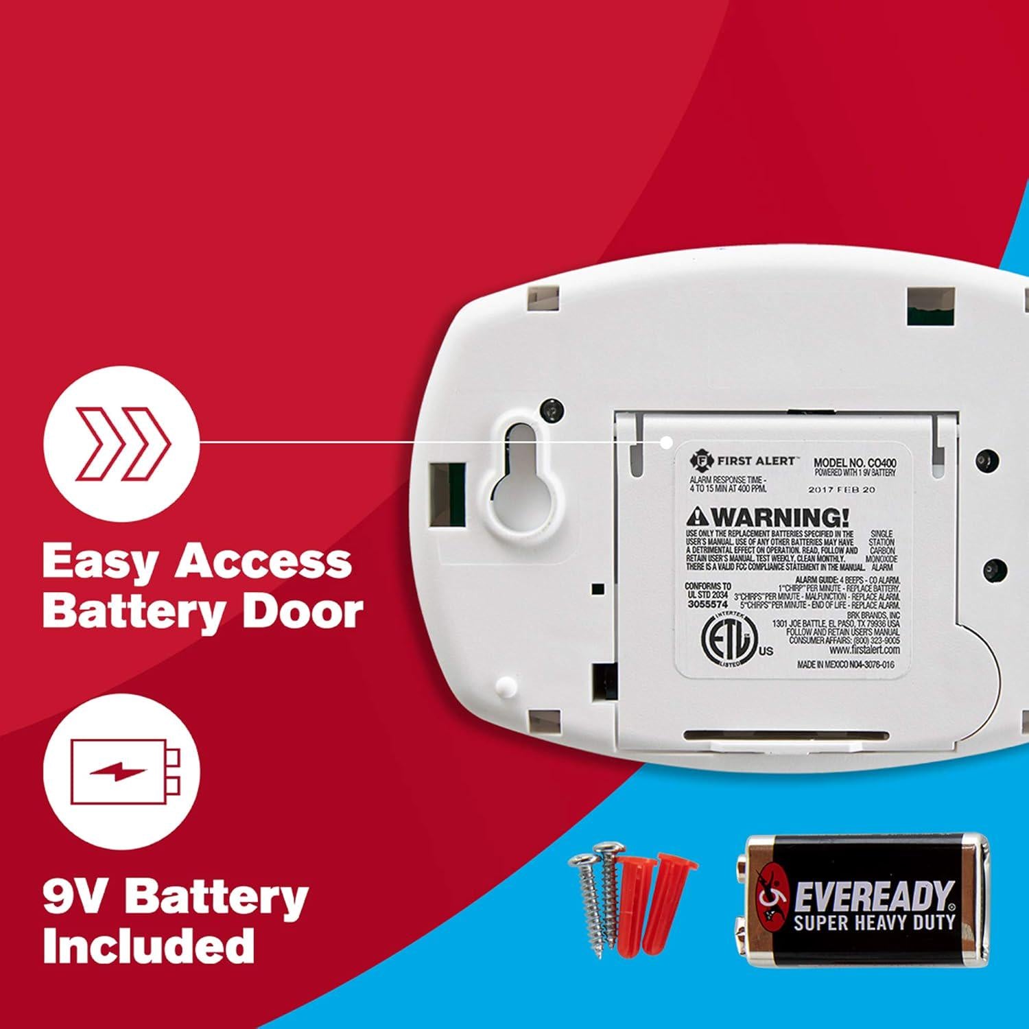 FIRST ALERT CO400-3 Carbon Monoxide Detector, Battery Operated, White , 3-Pack -CO400-3,