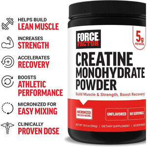 Force Factor Creatine Monohydrate, Micronized Creatine Powder for Muscle Gain, Strength, and Workout Recovery, 5g Dose per Serving, Unflavored, 60 Servings