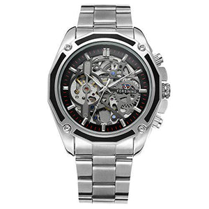Forsining Men's Auto Watch, 1 Pc, Silver Stainless Steel Bracelet, Unique Dial, Chinese Movt, Branded Style Clock